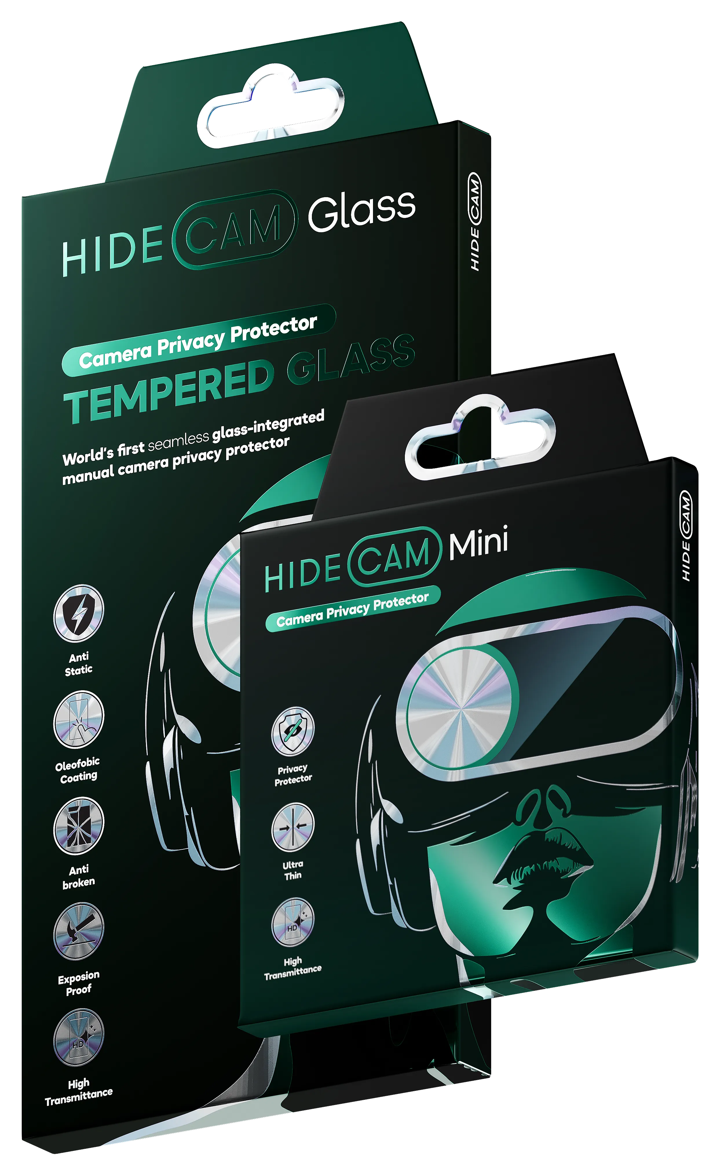 HideCam privacy kit including tempered glass with camera blocker and HideCam Mini camera blockers