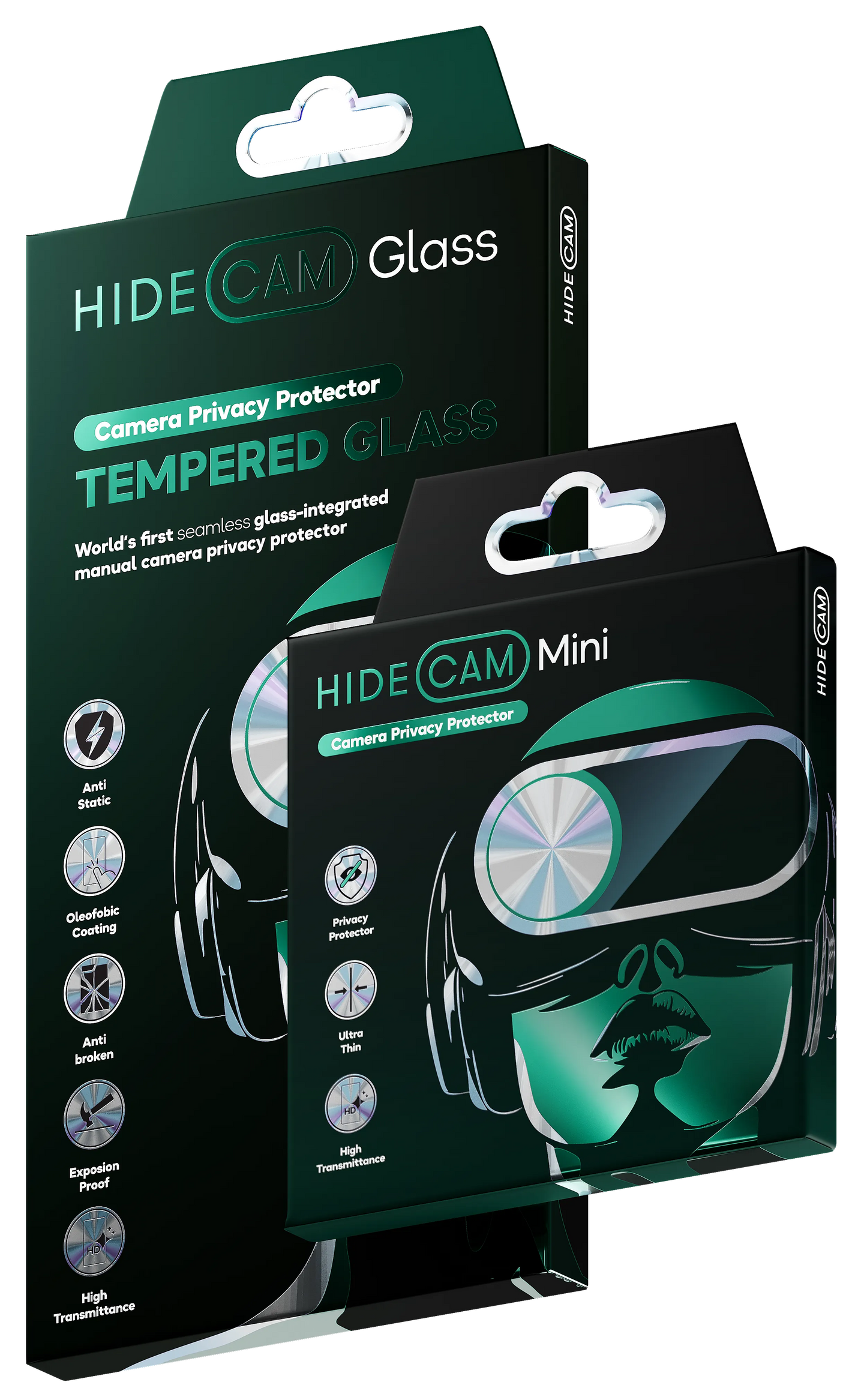 HideCam privacy kit including tempered glass with camera blocker and HideCam Mini camera blockers
