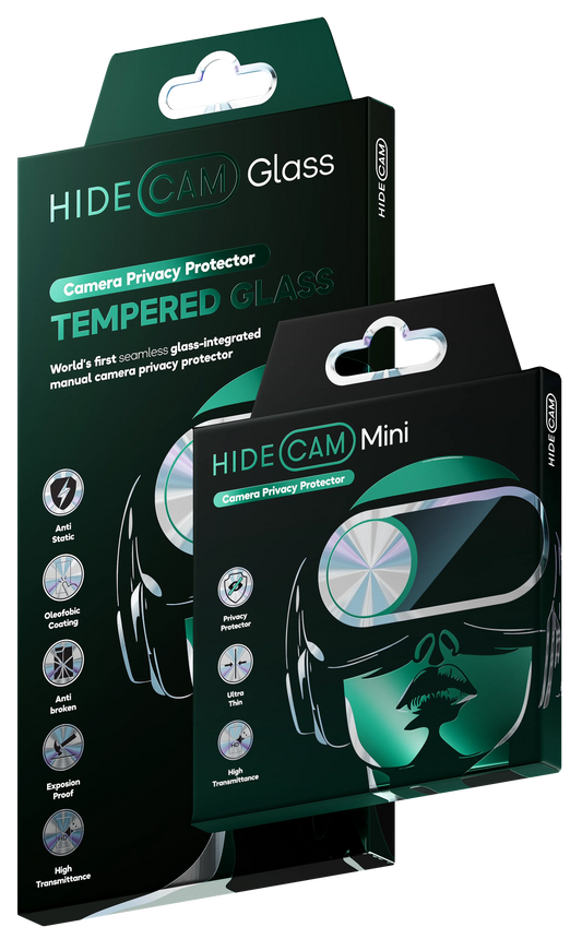 HideCam privacy kit including tempered glass with camera blocker and HideCam Mini camera blockers