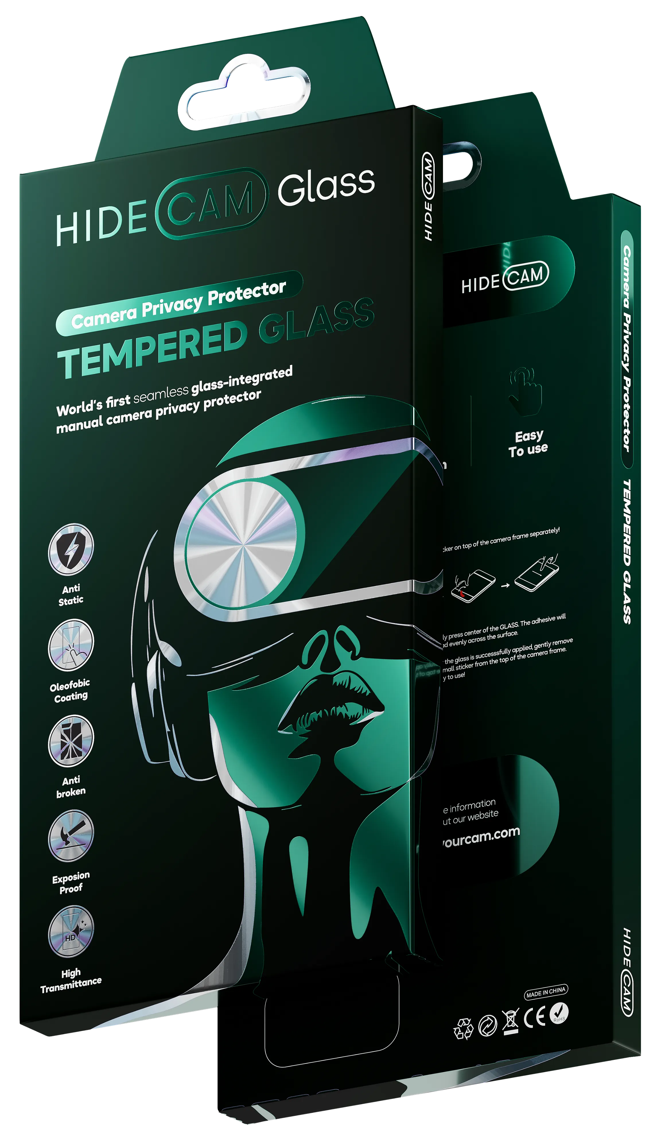 HideCam Glass tempered glass and privacy glass for screen protector with integrated camera blocker packaging