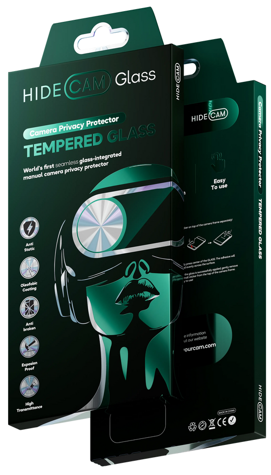HideCam Glass tempered glass and privacy glass for screen protector with integrated camera blocker packaging